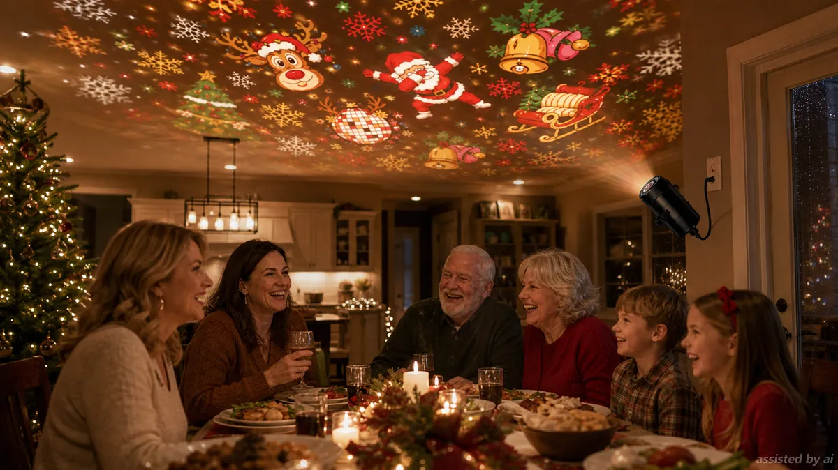 Family dinner with Christmas scenes projected on the walls